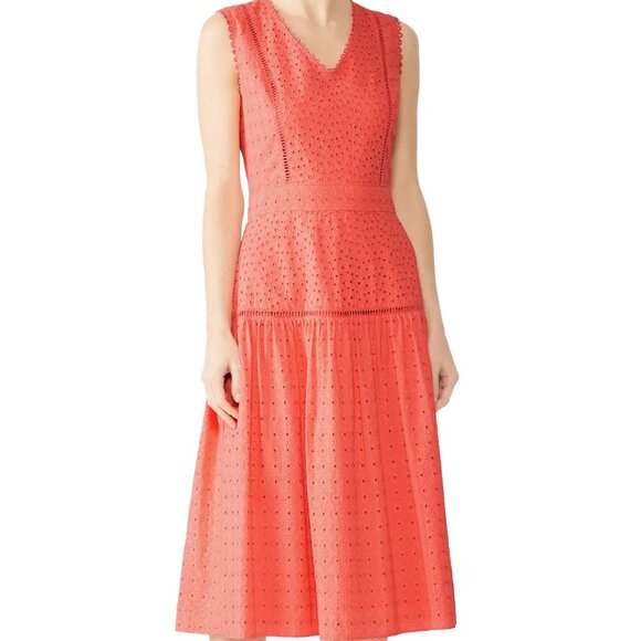 Draper James Dress 14-Pink Coral Midi Eyelet Fit & Flare Cotton Cottagecore Boho - Picture 2 of 8